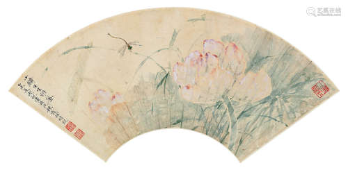吴湖帆（1894～1968）  周炼霞（1906～2000） 乙未（1955）年作 红荷蜻蜓 镜片 设色纸本