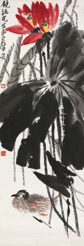 齐白石（1864～1957） 丁亥（1947）年作 红荷水禽 立轴 设色纸本