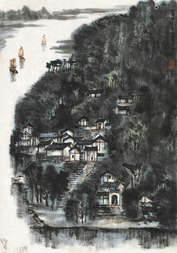 李可染（1907～1989） 蜀中小景 镜片 设色纸本