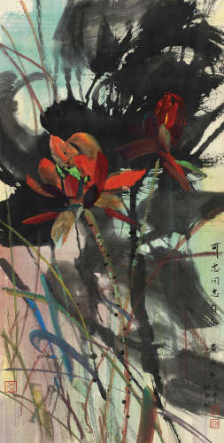 黄永玉（b.1924） 戊午（1978）年作 红荷 立轴 设色纸本