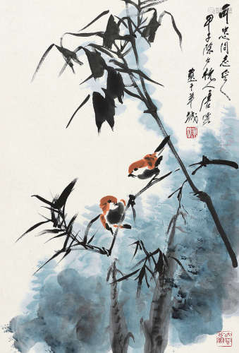 唐云（1910～1993） 甲子（1984）年作 竹雀图 镜片 设色纸本