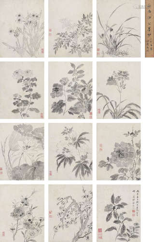 蒋廷锡（1669～1732） 丙午（1726）年作 花卉册 册页 （十二开） 水墨纸本