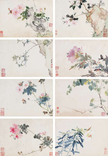 居廉（1828～1904） 花卉草虫册 册页 （八开） 设色纸本