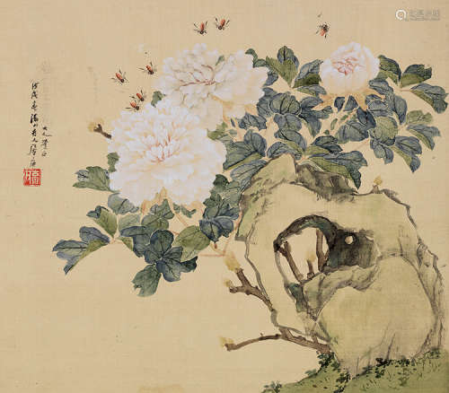 居廉（1828～1904） 戊戌（1898）年作 富贵蜂涌 镜片 设色绢本
