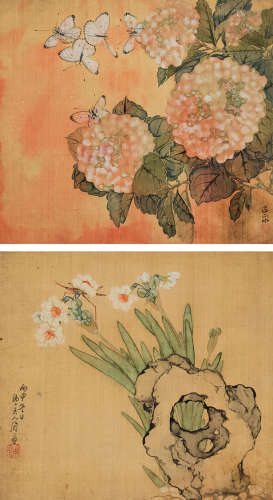 居廉（1828～1904） 花卉草虫 （两帧） 镜片 设色绢本