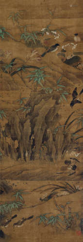 沈铨（1682～1760） 竹林禽戏图 立轴 设色绢本