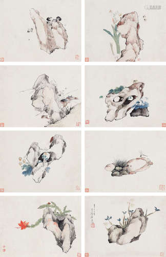 居廉（1828～1904） 花卉草虫册 册页 （八开） 设色纸本