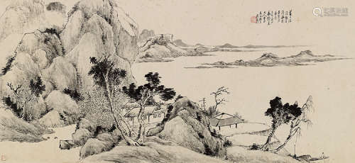 居廉（1828～1904） 丁亥（1887）年作 古岸扁舟 镜片 水墨纸本