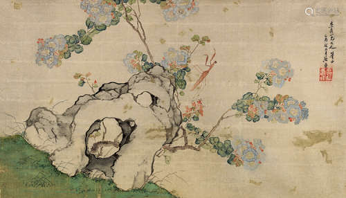 居廉（1828～1904） 乙酉（1885）年作 花卉螳螂 镜片 设色绢本