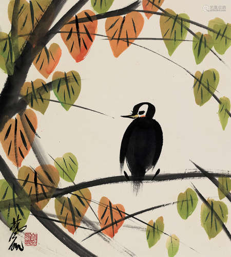 林风眠（1900～1991） 秋林小鸟 镜片 设色纸本