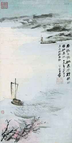 张大千（1899～1983） 1982年作 春江帆影 镜片 设色纸本
