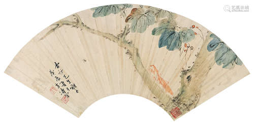 王雪涛（1903～1982） 庚辰（1940）年作 梧桐螳螂 扇面 设色纸本