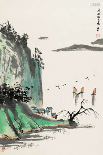 亚明（1924～2002） 太湖帆影 镜片 设色纸本