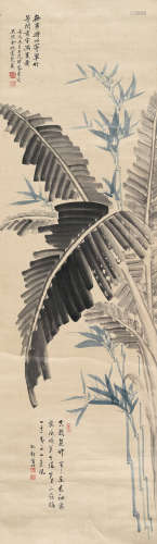金城（1878～1926）  栖鹤（#） 壬戌（1922）年作 芭蕉清竹 立轴 设色绫本
