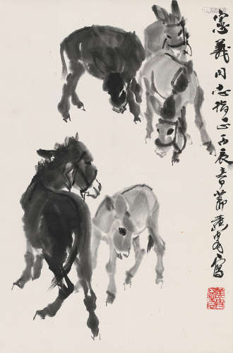 黄胄（1925～1997） 丙辰（1976）年作 五驴图 镜片 水墨纸本
