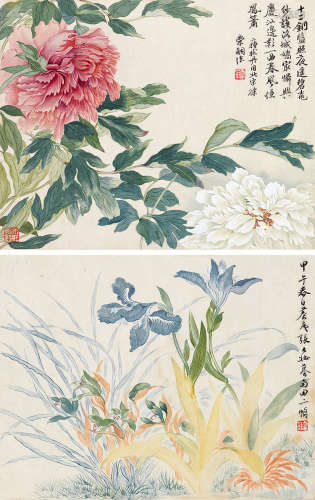张大壮（1903～1980） 甲午（1954）年作 摹南田花卉 （二帧） 镜片 设色纸本