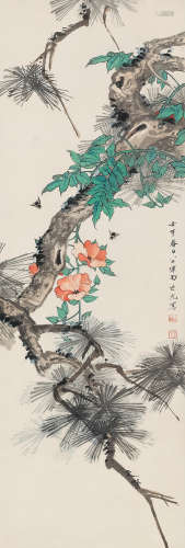 田世光（1916～1999） 壬午（1942）年作 松蜂花卉 镜片 设色纸本