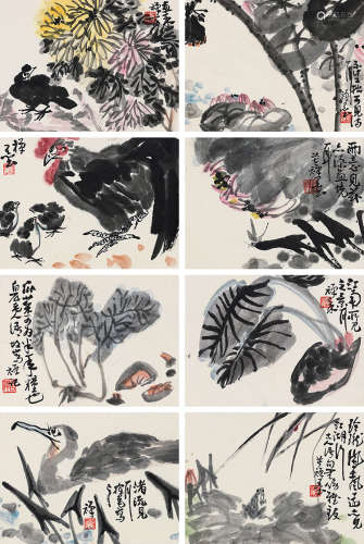 李苦禅（1899～1983） 花鸟 （八帧） 镜片 设色纸本