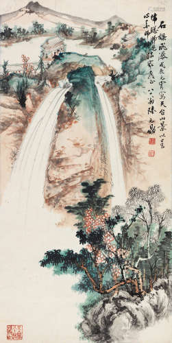 陆元鼎（1908～1998） 戊辰（1988）年作 天台小瀑布 镜片 设色纸本