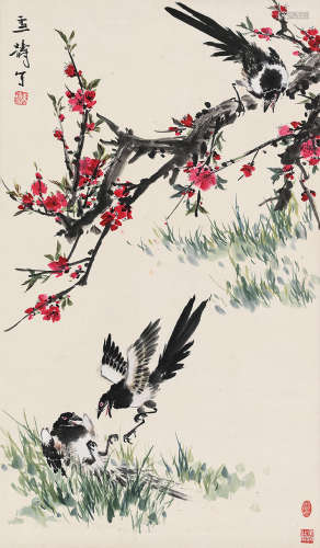 王雪涛（1903～1982） 桃花喜鹊 立轴 设色纸本