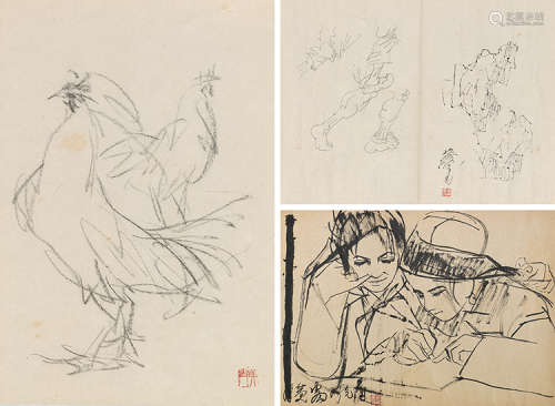 黄胄（1925～1997） 速写 （三帧） 镜片 水墨纸本