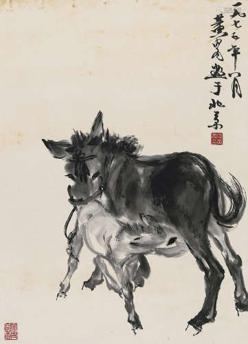 黄胄（1925～1997） 1975年作 双驴 镜片 水墨纸本