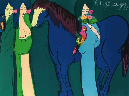 丁雄泉 1981年作 蓝色的马与三个仕女 纸本 石版版画 丁雄泉