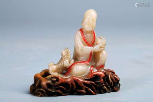 HETIAN JADE LUO HAN AND LION DECORATION WITH CINNABAR COLOUR