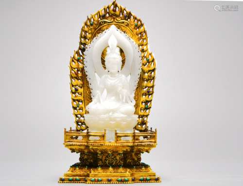 PURE SILVER GILDING GOLD INLAY HETIAN JADE AVALOKITESVARA FIGURE