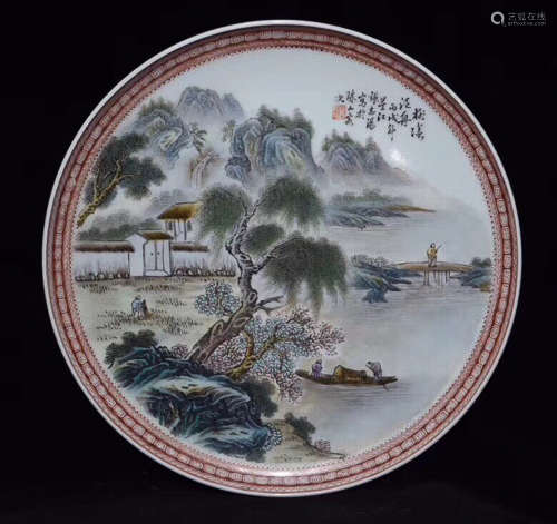 A FAMILLE-ROSE LANDSCAPE FIGURE PATTERN PLATE, THE REPUBLIC OF CHINA
