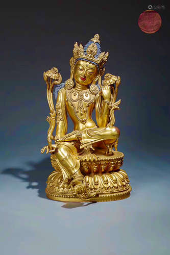 14-16TH CENTURY, A TIBETAN GILT BRONZE GUANYIN DESIGN FIGURE, MING DYNASTY