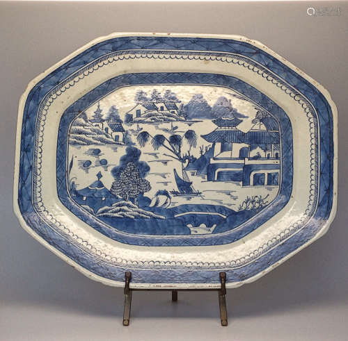 17-19TH CENTURY, A BLUE&WHITE LANDSCAPE PATTERN OCTAGON DESIGN PLATE, QING DYNASTY