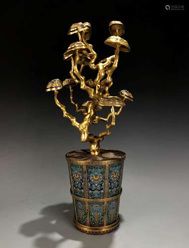 Cloisonne Enamel Gilt Bronze Lingzhi Flowerpot W/ Mark