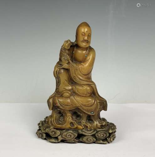 Detailed Carved Soap Stone Buddha with Stone Inlay