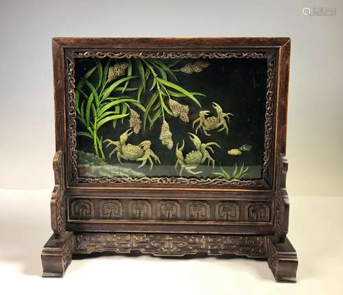 Wood Table Screen with Crabs and Bullrush Motif