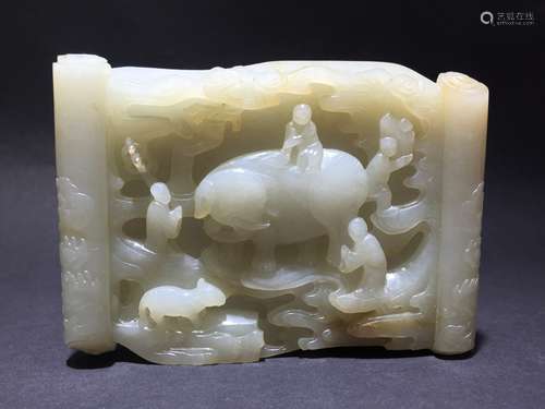 Carved White Jade Scroll of Elephant and Handlers