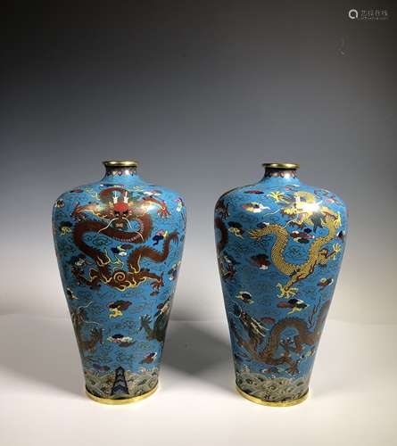 Pair of Cloisonne Enamel Bronze Dragon Vases