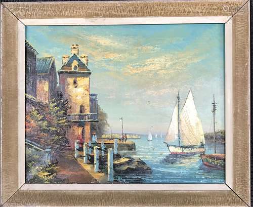 Oil on Canvas Painting Sail Boat in Seaport Signed