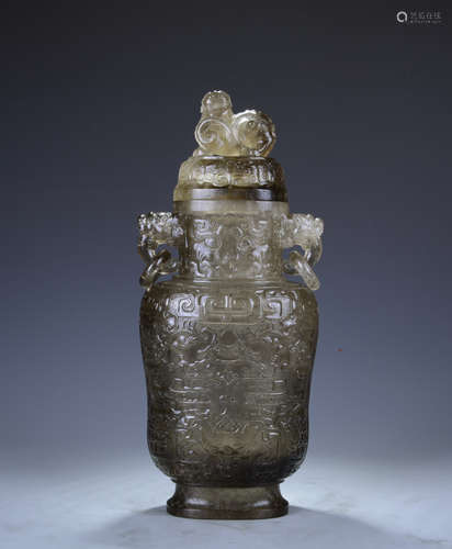 Large Chinese Quartz Crystal Vase with Lid