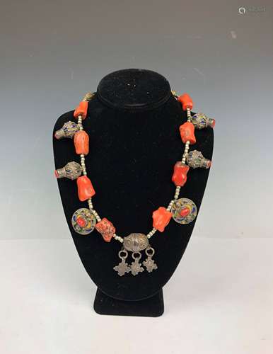 Coral and Silver Coins Necklace