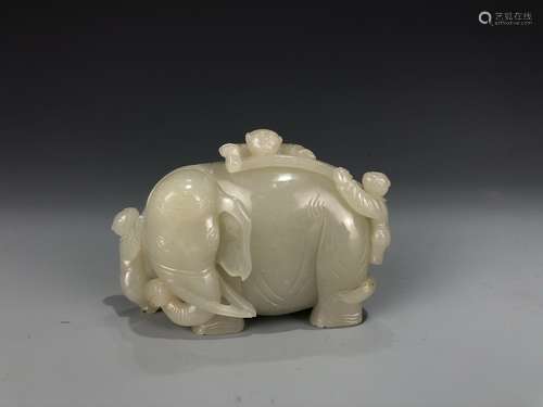 Carved White Jade Elephant with Three Boys