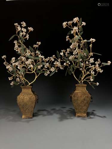 Pair Of Gilt-Bronze Jardinieres With Jadeite And Pearls