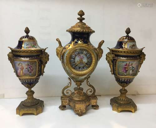 Gilt Mantel Clock with Matching Urns