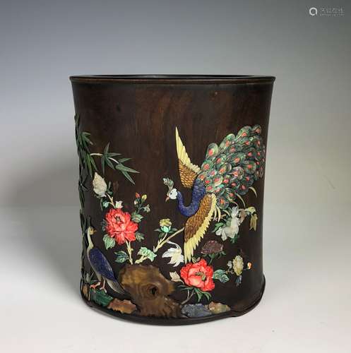 Hard Wood Brush Pot with Stone Inlay