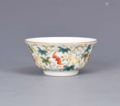 Famille Rose Porcelain Bat Cup with Mark