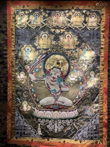 Silk Tibetan Thangka with Inlay multi colored stone