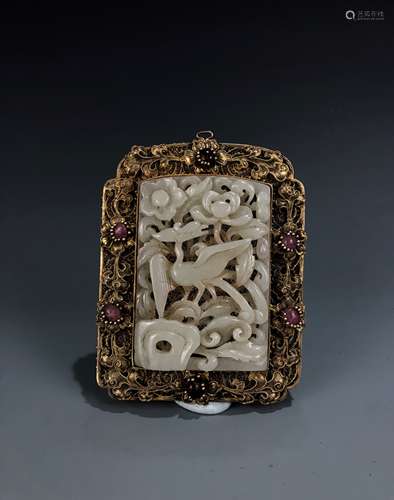 Carved White Jade Bird in Gilt Frame Pendant