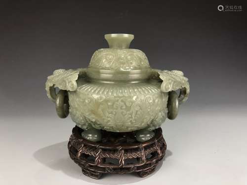 Fine Green Jade Tripod Censer with Cover