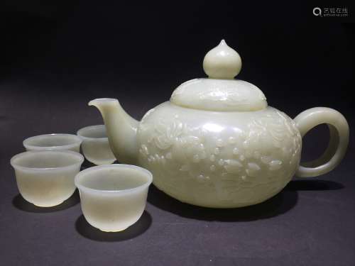 Carved White Jade Tea Pot with Four Cups