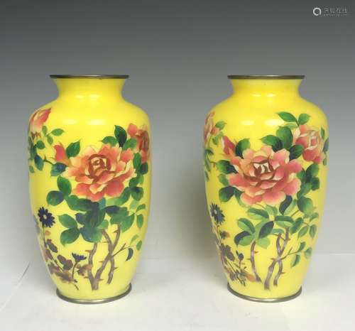 Pair Japanese Bronze Yellow Enamel Flower Vase